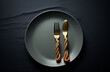 fork and knife with handles made of hemp rope on plate.Minimal creative food concept.Trendy social mockup or wallpaper with copy space.Top view,flat lay.Generative Ai