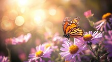 Butterfly On Flower. Monarch Butterfly Feeding On Purple Aster Flower In Summer Floral Background. Monarch Butterflies In Autumn Blooming Asters.