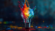 A lightbulb with an explosion of colorful paint, electric sparks and vibrant splashes emanating from within, a stark contrast against a dark background, the moment of creative inspiration captured