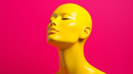 Sticker - Close-up of the yellow head of a female mannequin with closed eyes on a pink background. Minimalistic style, Copy space.