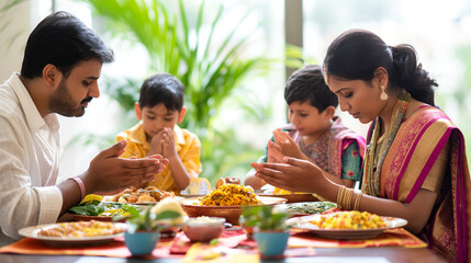 Wall Mural - Indian family on dining table doing prayer before eating