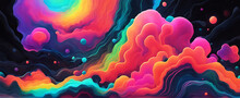 Abstract Object In Cosmic Space: Bright Cloud Abstractions, Organic Shapes With Rounded Contours, Neon Glow, Abstract Stones, Black Space With Stars, Drops, Dynamic Bright Rainbow Colors On Background