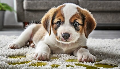 Wall Mural - cute puppy lying on carpet near wet spot