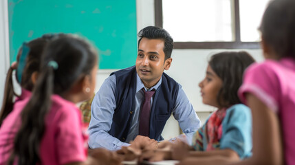 Poster - Crisp and realistic studio photograph portraying a indian teacher conducting a lesson with attentive students