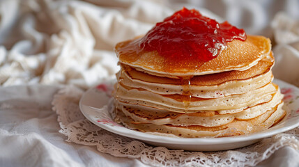 Poster - Pancakes with strawberry jam. 