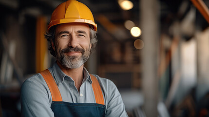 Aufkleber - Smiling mature confident professional architect in a helmet standing at a building site. Generative AI.