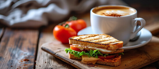 Wall Mural - Cup of hot coffee with sandwich