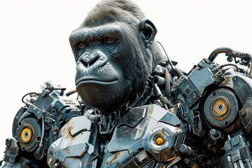 Aufkleber - Photo concept of a robotically modified gorilla, featuring mechanical arms and cybernetic enhancements, displayed against a clean white background Generative AI