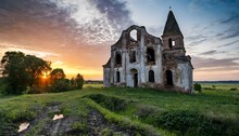 Old Abandoned Church At Sunset