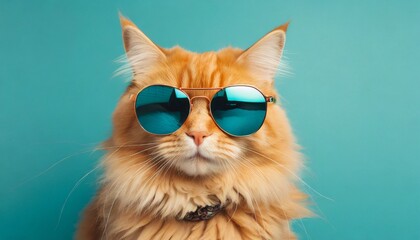 Wall Mural - closeup portrait of funny ginger cat wearing sunglasses on light cyan copyspace