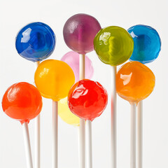 Wall Mural - Close-up image of brightly colored lollipops against a pristine white background,