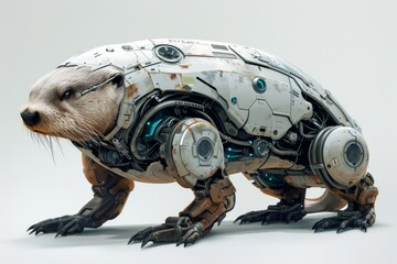 Aufkleber - Realistic depiction of a robotically modified otter with mechanical enhancements and cybernetic features, set against a plain white backdrop Generative AI