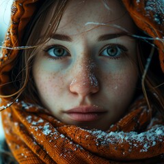 Wall Mural - Winter's Gaze - Portrait of a Young Woman with Snowflakes