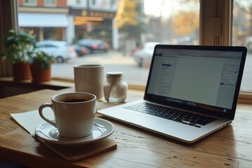 Poster - Shot of cafe table with laptop and open notebook beside it. Generative AI.