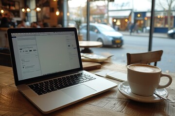 Poster - Shot of cafe table with laptop and open notebook beside it. Generative AI.