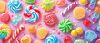 illustration of different bright colored sweets, candies, lollipops, marmalade. pastry background