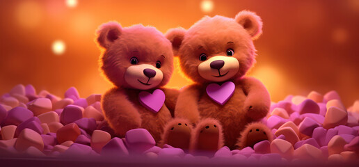 Wall Mural - Cute Teddy Bear Love: Romantic Toy on Red Heart Background