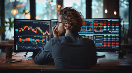 Fototapete - Financial Analyst, A Stock Market Trader Doing Analysis of Investment Charts, Graphs, Digital Entrepreneur Successfully Trading. Generative AI.