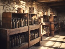 Aged Wine Bottles In A Dusty Cellar, Vintage Collection Generative AI