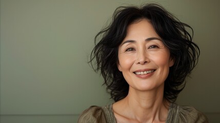 Smiling mature Japanese woman on olive color background. Generative AI.