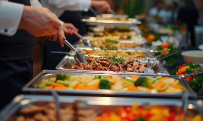 People hands on catering buffet food with grilled food.