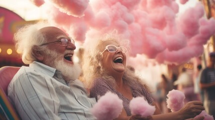 Poster - Grandparents indulging in cotton candy while watching a lively street performance in the amusement park Generative AI