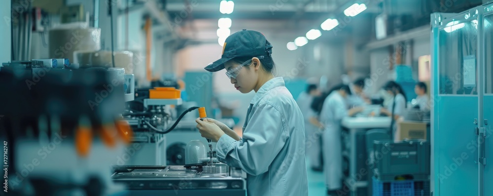 Workers are operating injection molding in automated faactory. Pipes ...