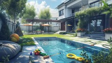 Courtyard Pool Of A Suburban House, Family-friendly Design, Pool Toys, Green Lawn, Detailed And Inviting Illustration --ar 16:9 --v 6 Job ID: 4d831df2-c6c0-4640-9fd2-2904a7861895 Generative AI