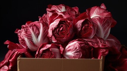 Poster - Close-up realistic photo featuring a box filled with crisp, red radicchio Generative AI