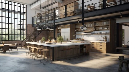 Poster - Intricate rendering of a loft-style kitchen with an open layout, exposed ductwork, and urban chic design elements. photorealistic Generative AI