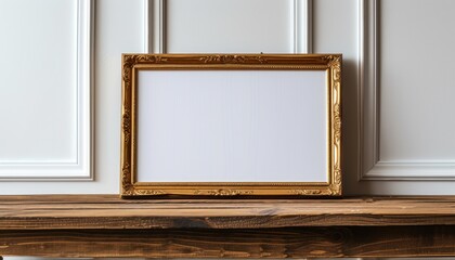 Empty gold picture frame mockup in minimalist interior with flower vase