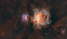 Astrophoto Made With Telescope Of The Orion Nebula Or M42, With Red Hydrogen Gas
