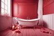 Valentine's day in bathroom with bathtub on empty red wall, Generative AI