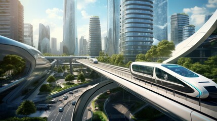 Canvas Print - A digitally simulated urban environment showcasing cutting-edge architecture, high-speed transit systems, and automated services in a sustainable city of tomorrow Generative AI
