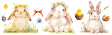 Easter Bunny Wearing A Flowers Crown, Colorful Watercolor Cute Rabbit Toy Isolated On White Background. Celebration Illustration Set And Spring Decorations. Cut Out PNG On Transparent Background.