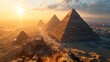 Pyramid cluster, drone's altitude, sun setting, distant oasis, realistic twilight over Egyptian monuments Generative AI