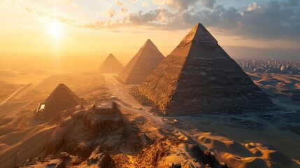 Aufkleber - Pyramid cluster, drone's altitude, sun setting, distant oasis, realistic twilight over Egyptian monuments Generative AI