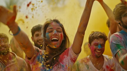 Multicolored Powder-Covered Group of People Celebrating, Holi