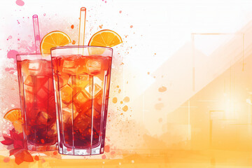 beverage background with two glasses of cocktail on yellow background