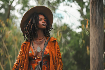 Portrait of a charming African girl in nature. Bright traditional clothes. Stylized Shooting for a fashion magazine