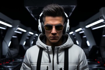 Poster - Creative young man in hi-tech glasses and headphones on colorful monochrome background