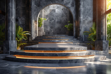 Wall Mural - Background stone podium on rock platform  3d product   render stand.   podium stage minimal abstract background beauty dreamy space studio pedestal 