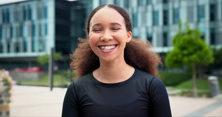 Sticker - Face, runner in a city and woman with fitness, smile and happy for progress with health and wellness. Portrait, person and athlete with workout and cheerful for endurance and challenge with balance