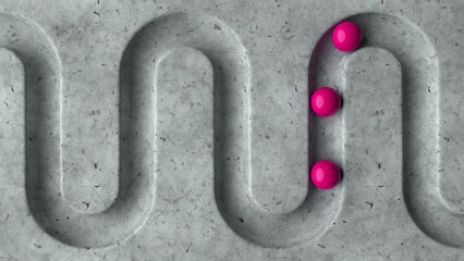 Poster - Pink balls rolling in geometry deepening on a marble background. Abstract cycled minimal animation. Smooth light, realistic dynamic. Loopable sequence. 3d animation, 4K
