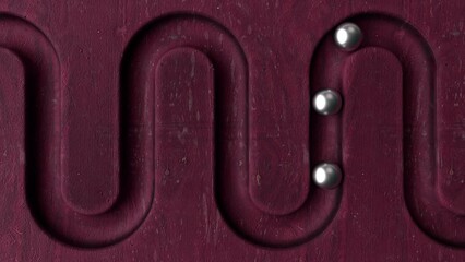 Poster - Metal balls rolling in geometry deepening on pink wooden background. Abstract cycled minimal animation. Smooth light, realistic dynamic. Loopable sequence. 3d animation, 4K
