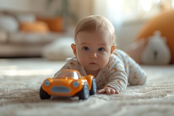 A curious toddler crawls towards a toy car, his human face filled with wonder and excitement as he explores the indoor world of baby toys