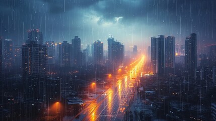 Wall Mural - Rainy Twilight on the Urban Horizon