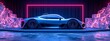 Blue Sports Car Parked in Front of Pink Lights