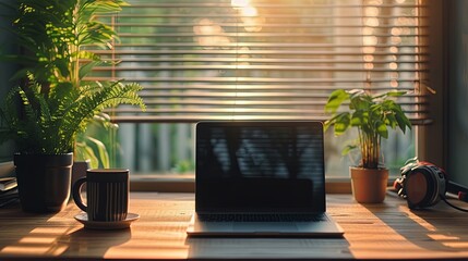 Poster - Laptop Computer on Wooden Desk. Generative AI.