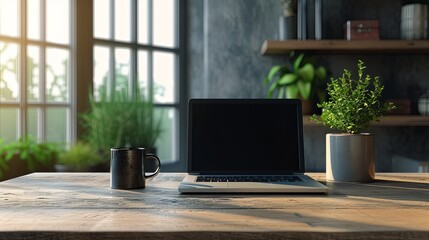 Poster - Laptop Computer on Wooden Table. Generative AI.